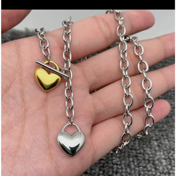 18K Golden Ss Two Tone Heart Charm Y-Neck Chain Necklace - Picture 2 of 3